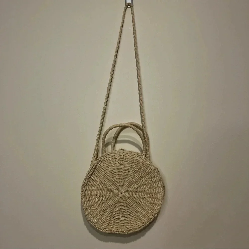 Beachy Boho Natural Woven Round Straw Satchel Crossbody Bag